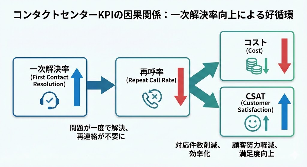 図解挿入（KPIの因果関係の可視化）: 一次解決率↑→再呼率↓→コスト↓／CSAT↑ の流れ