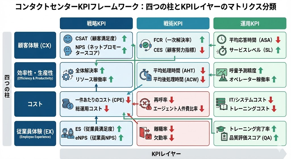 （比較・分類）: 四つの柱を縦軸、KPIレイヤーを横軸にしたマトリクスで関係性を可視化