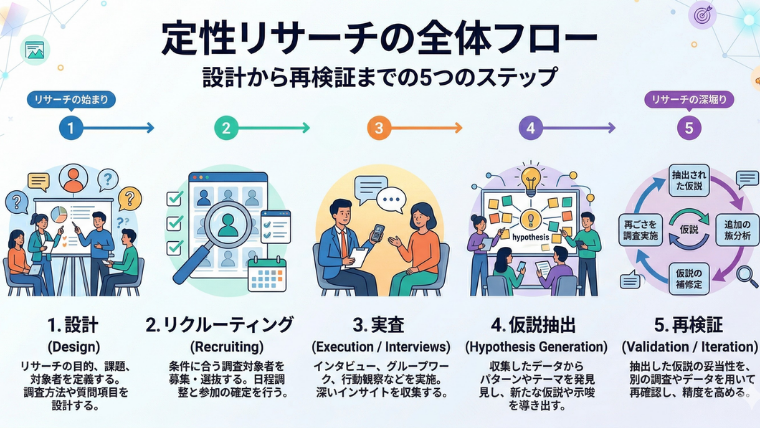 図解（ステップの流れ）  構成 定性リサーチの流れ 設計→リクルーティング→実査→仮説抽出→再検証。