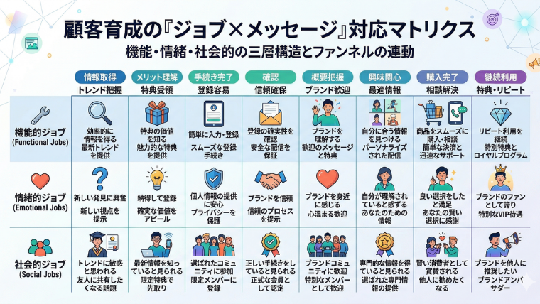 図解（マトリクス図） 構成 機能・情緒・社会的の三層と、ジョブ×メッセージの対応。