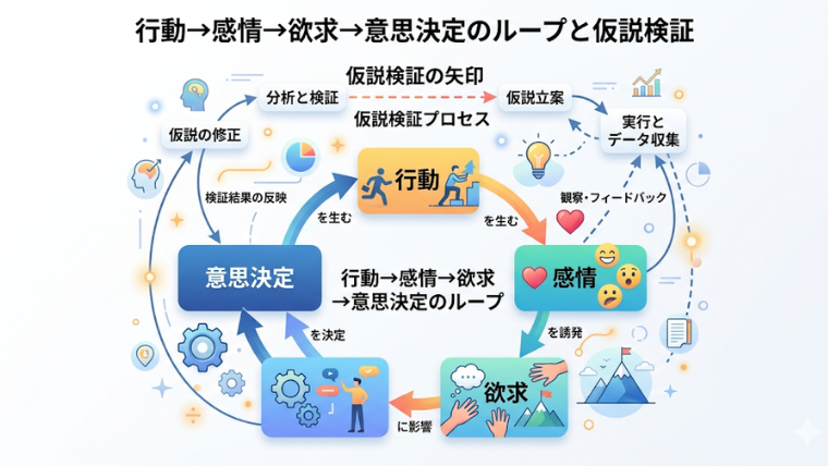因果関係） 構成 行動→感情→欲求→意思決定のループと、仮説検証の矢印。
