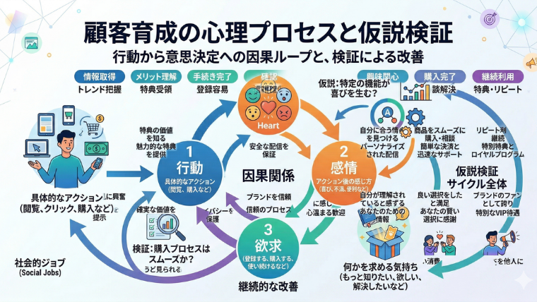 図解（因果関係） 構成 行動→感情→欲求→意思決定のループと、仮説検証の矢印。