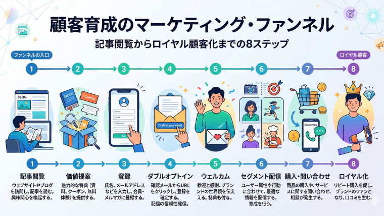 図解（ステップの流れ）。構成_ 記事閲覧→価値提案→登録→ダブルオプトイン→ウェルカム→セグメント配信→購入・問い合わせ→ロイヤル化。