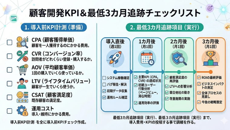図解（チェックリスト）：導入前の計測必須KPIと最低3カ月の追跡項目一覧