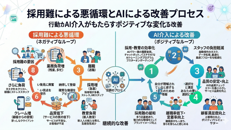図解（因果関係図）：採用難の要因→業務負荷増→離職→採用増→教育負荷→品質低下→クレーム増→さらに負荷、をAI介入で断ち切るループ図