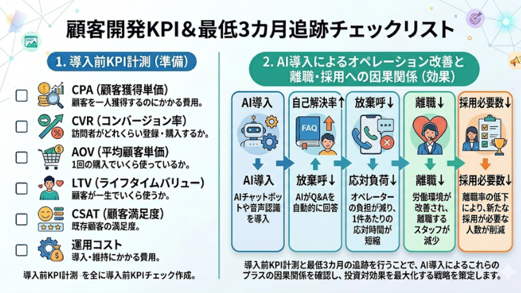 図解（因果関係）：AI導入→自己解決率↑→放棄呼↓→応対負荷↓→離職↓→採用必要数