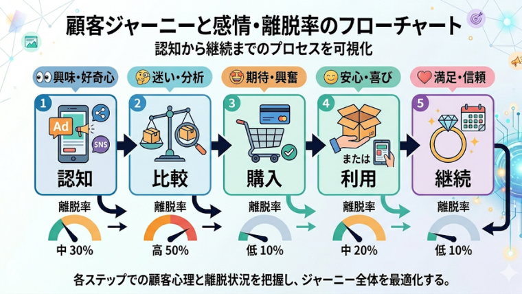 図解：フローチャート（認知→比較→購入→利用→継続）に感情ラベルと離脱率を重ねる
