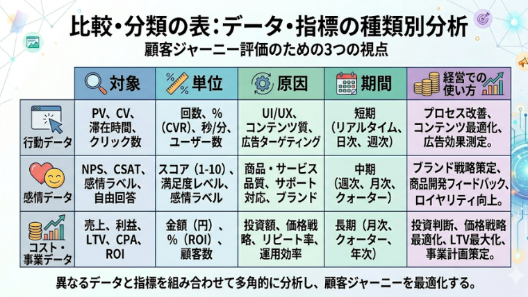 図解：比較・分類の表（対象、単位、原因、期間、経営での使い方）