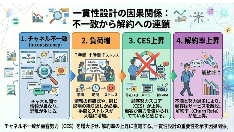 図解
目的 一貫性設計の因果関係を可視化   形式 因果関係図（チャネル不一致→負荷増→CES上昇→解約率上昇）