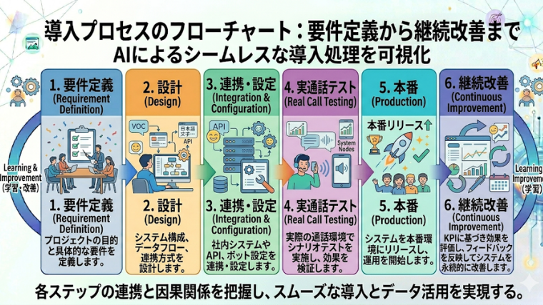 図解（ステップの流れ） 要件定義 → 設計 → 連携・設定 → 実通話テスト → 本番 → 継続改善