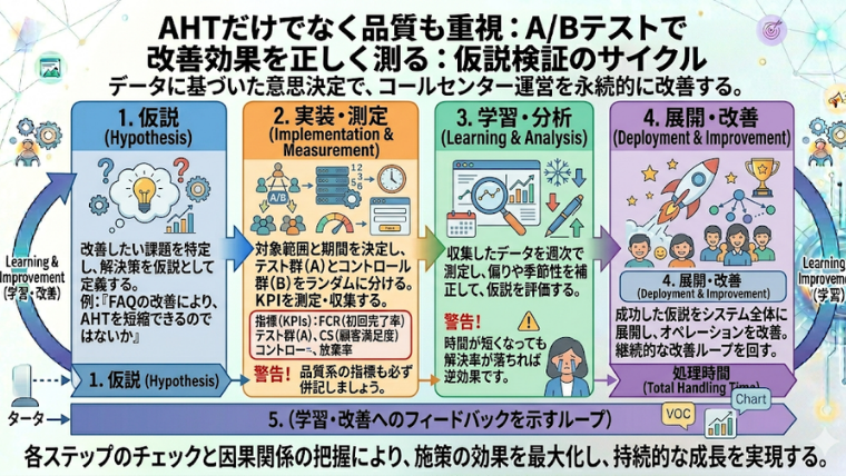 図解   目的：仮説→実装→測定→学習→展開のステップ図