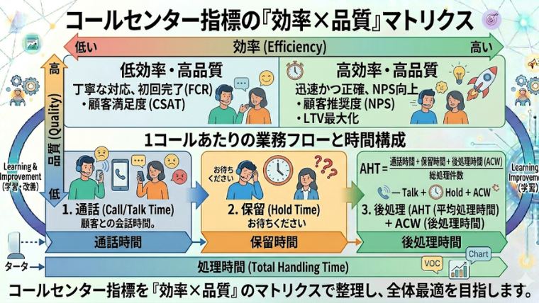 図解 目的：「効率×品質」マトリクスに指標を配置